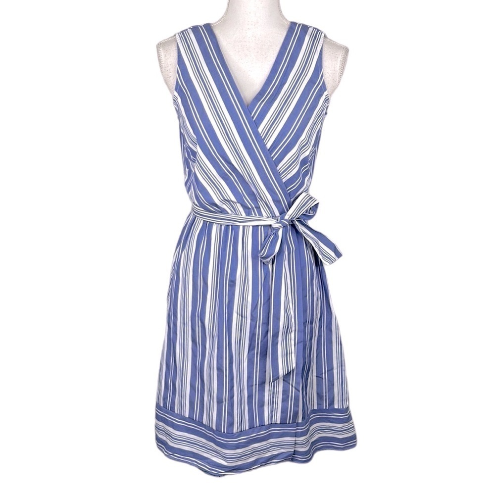 Roz & Ali Blue & White Stripe V-Neck‎ Sleeveless Front Tie Midi Dress Size 2